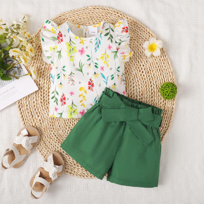 2-piece Baby Girl Allover Floral Printed Sleeveless Blouse & Solid Color Shorts