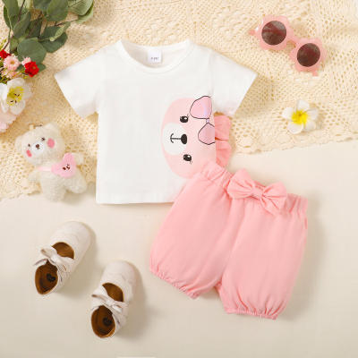 Baby Girl Cute Bear Pattern T-shirt & Solid Color Shorts
