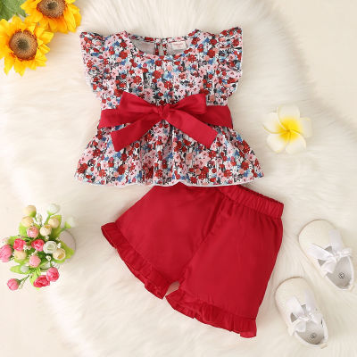 Top y pantalones cortos con diseño de bloques de color y decoración floral elegante con nudo de lazo para niñas pequeñas