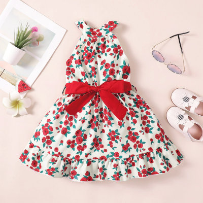 Toddler Girl Allover Floral Halter Neck Dress & Bowknot Belt
