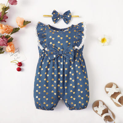 2-piece Baby Girl Allover Heart Printed Bowknot Decor Sleeveless Romper & Bowknot Headwrap