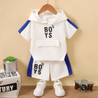 2-piece Toddler Boy Color-block Letter Printed Short Sleeve Hoodie & Matching Shorts  White
