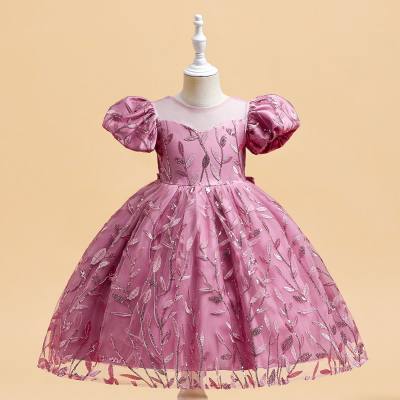 Kid Girl Solid Color Floral Mesh Patchwork Puff Sleeve Dress