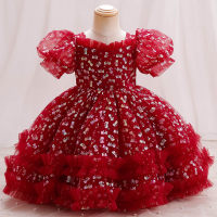 Children's printed puff sleeve puffy princess dress party dinner performance evening dress (printed skirt is printed first and then cut, so the bulk print has irregular patterns)  Burgundy