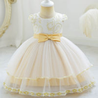 Children's Princess Solid Color Printed Pleated Bowknot Mesh Baptism Dress (The pattern on the upper body is not fixed, the pattern is random)  Champagne