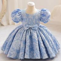 Toddler Girl Solid Color U-neck Bowknot Decor Short Puff Sleeve Dress  Blue