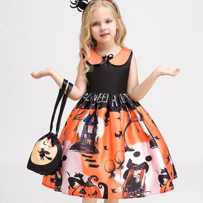 Vestido de lapela infantil Halloween sem mangas mangas diagonais com bolsa