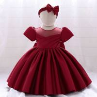 Baby Girl Beautiful Ruffle Solid Colour  Formal Dress  with Headband  Burgundy
