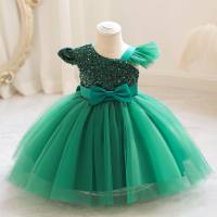 Vestido de princesa de malha com lantejoulas para aniversário de meninas vestido de anfitrião com laço  Verde