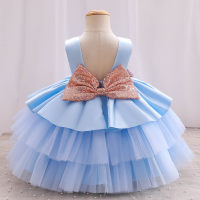 Girls solid color fluffy cake dress sequined bow dinner performance princess dress  Light Blue