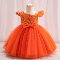 Girls Birthday Sequined Mesh Princess Dress Performance Bow Host Dress  Orange