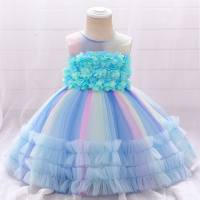 Baby Mädchen elegantes formelles Kleid mit 3D-Blumensteigung  Blau