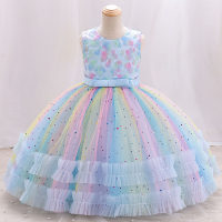 Girls color matching embroidered star sequin princess dress birthday dinner performance dress (the upper body is embroidered bulk goods cutting embroidery position is not uniform)  Light Blue