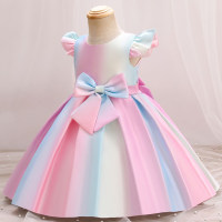 Toddler Girl Gradient Color Bowknot Belted Fly Sleeve Dress  Pink