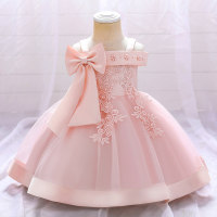 Toddler Girls Party Cute Glamorous Solid Color Bowknot Decor Formal Dress  Pink
