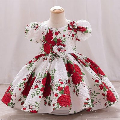 Girls printed puff sleeve one-year-old princess dress party dinner performance dress (the printed dress is printed first and then cut, so the bulk print has irregular patterns)