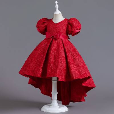 Kid Solid Color Bowknot Decor V-neck Puff Sleeve Dress