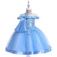 Toddler Girls Party Cute Glamorous Solid Color Bowknot Decor Formal Dress  Light Blue
