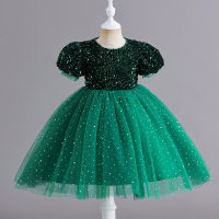 Kid Girl Solid Color Allover Sequin Decor Mesh Patchwork Short Sleeve Dress  Green