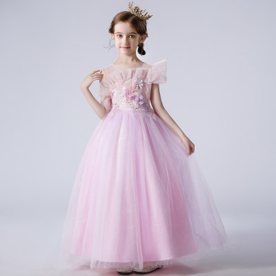 Vestido de princesa de pasarela de flores de malla con lazo para niñas y niños