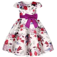 Kid Girl Rose Print Bow Dress  Purple