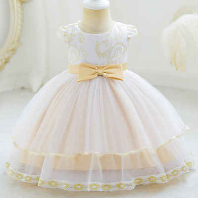 Baby Color-block Bowknot Decor  Lace Mesh Short Sleeve Dress