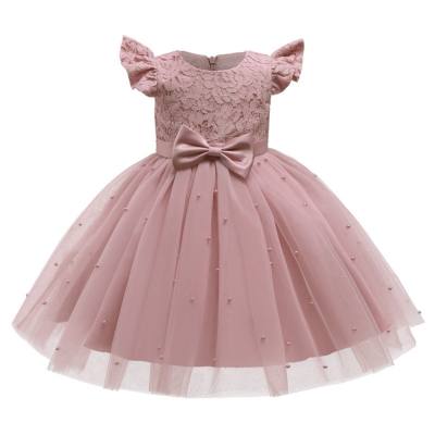 Toddler Girl Solid Color Mesh Patchwork Bowknot Decor Fly Sleeve Dress