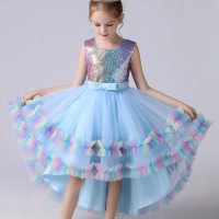 Kid Girl Gradient Color Sequin Decor Mesh Patchwork Sleeveless Dress  Light Blue
