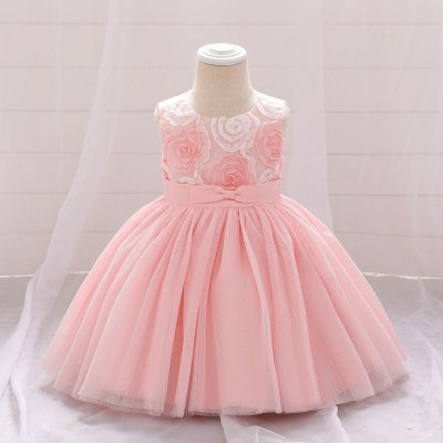 Baby Girl Solid Color Floral Ruffle Decor Sleeveless Formal Dress
