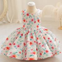 Girls color matching printed princess dress children's wedding catwalk dress for one-year-olds (the printed dress is printed first and then cut, so the bulk print has irregular patterns)  White