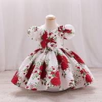 Girls printed puff sleeve one-year-old princess dress party dinner performance dress (the printed dress is printed first and then cut, so the bulk print has irregular patterns)  Burgundy