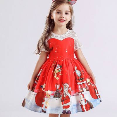 Toddler Girl Christmas A-shaped Party Dress with Lace Patchwork