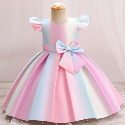Toddler Girl Gradient Color Bowknot Belted Fly Sleeve Dress