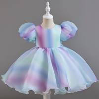Girls gradient puff sleeve princess dress children's performance fluffy mesh dress (colorful gradient large goods cutting color is not uniform)  Blue