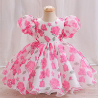 Girls flower puff sleeve printed puffy princess evening performance dress (the printed dress is printed first and then cut, so the print pattern is irregular)  Rose red