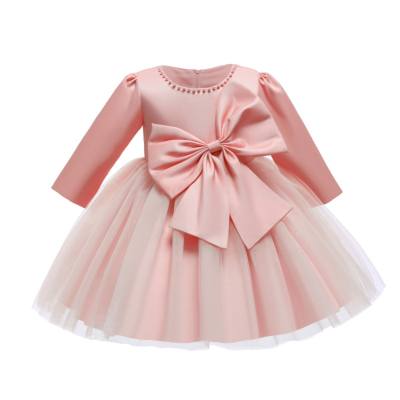 Baby Girl Solid Color Mesh Patchwork Bowknot Decor Long Sleeve Dress