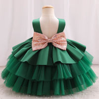 Girls solid color fluffy cake dress sequined bow dinner performance princess dress  Green