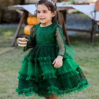 فستان توتو بأكمام طويلة مكشكش مزين بالدانتيل بلون سادة للفتيات  أخضر عميق