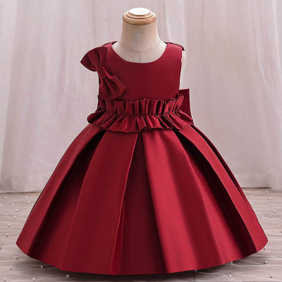 Girls solid color pleated bow princess evening performance christening dress