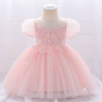 Toddler Embroidered Mesh Bowknot Decor Puff Sleeve Dress  Pink