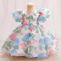 Girls flower puff sleeve printed puffy princess evening performance dress (the printed dress is printed first and then cut, so the print pattern is irregular)  Green