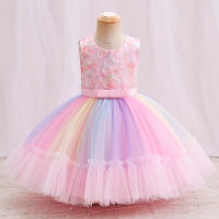 Girls' color matching first birthday puffy dress embroidered bow mesh princess dress  Pink