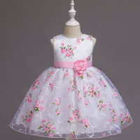 Girls' puffy printed one-year-old dinner performance flower dress (the printed dress is printed first and then cut, so the print pattern is irregular)  Pink