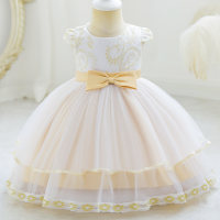 Baby Color-block Bowknot Decor  Lace Mesh Short Sleeve Dress  Champagne