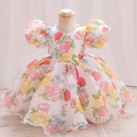 Girls flower puff sleeve printed puffy princess evening performance dress (the printed dress is printed first and then cut, so the print pattern is irregular)  Multicolor
