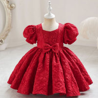 Vestido de manga corta abullonada con decoración de lazo y cuello en U de color liso para niña pequeña  rojo