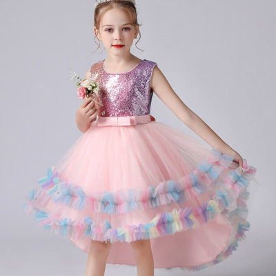 Kid Girl Gradient Color Sequin Decor Mesh Patchwork Sleeveless Dress