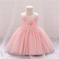 Baby Girl Solid Color Floral Ruffle Decor Sleeveless Formal Dress  Pink