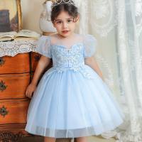 Toddler Embroidered Mesh Bowknot Decor Puff Sleeve Dress  Blue