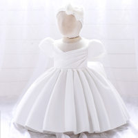 Vestido formal de color sólido con volantes hermosos para niña bebé con diadema  Blanco